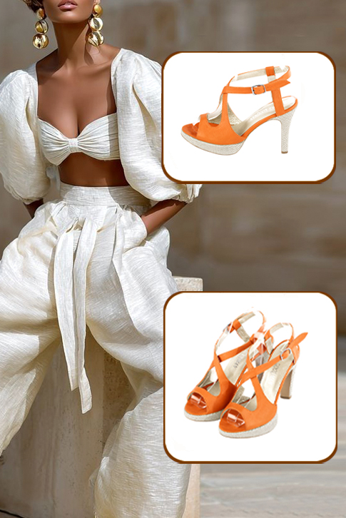 Women's apricot orange elegant cross straps sandals. Round toe. High slim heel with a platform at the front - Worn view